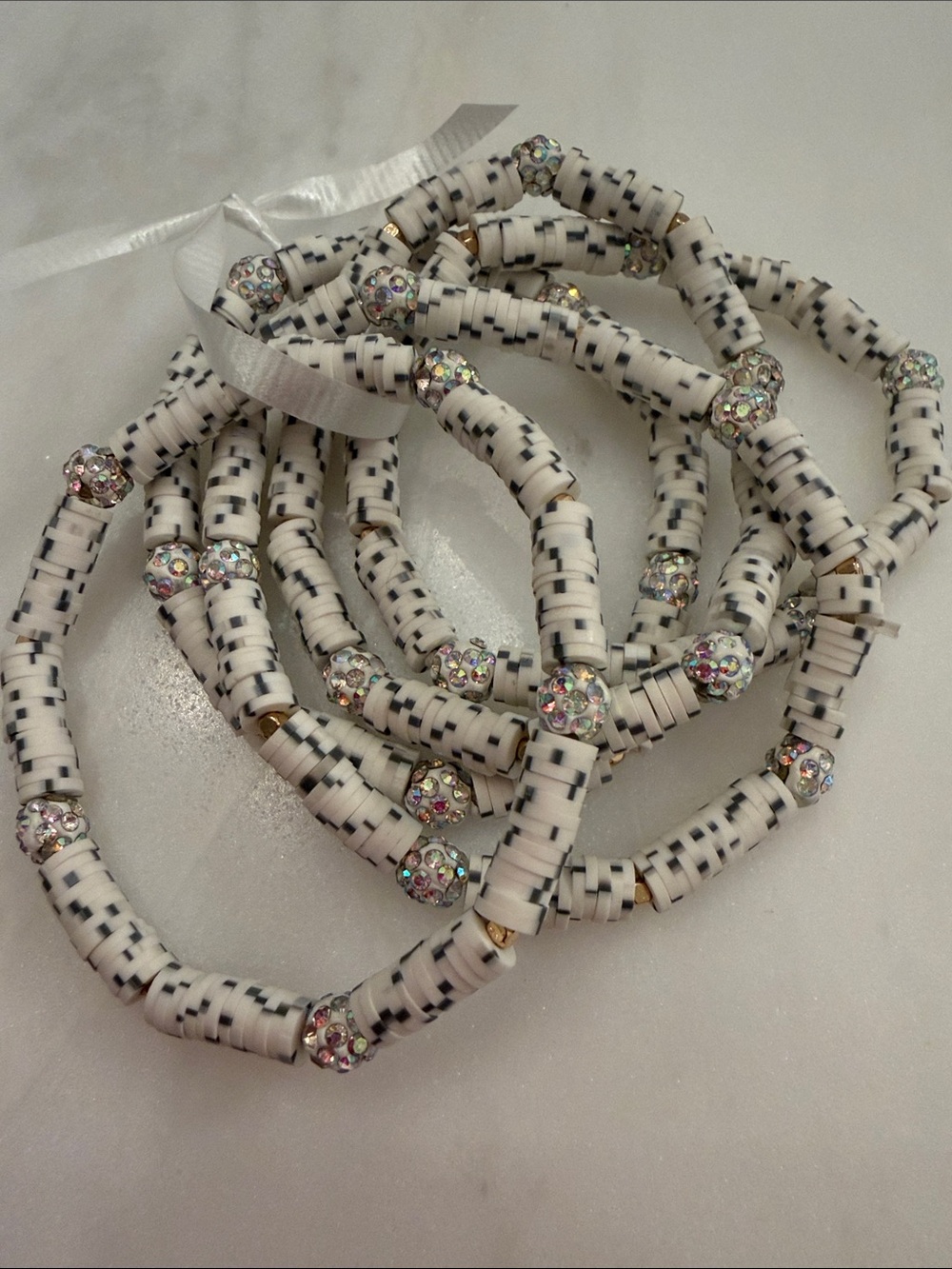 White and Black Beaded Stretch Bracelet set 5 with Crystal Accent.